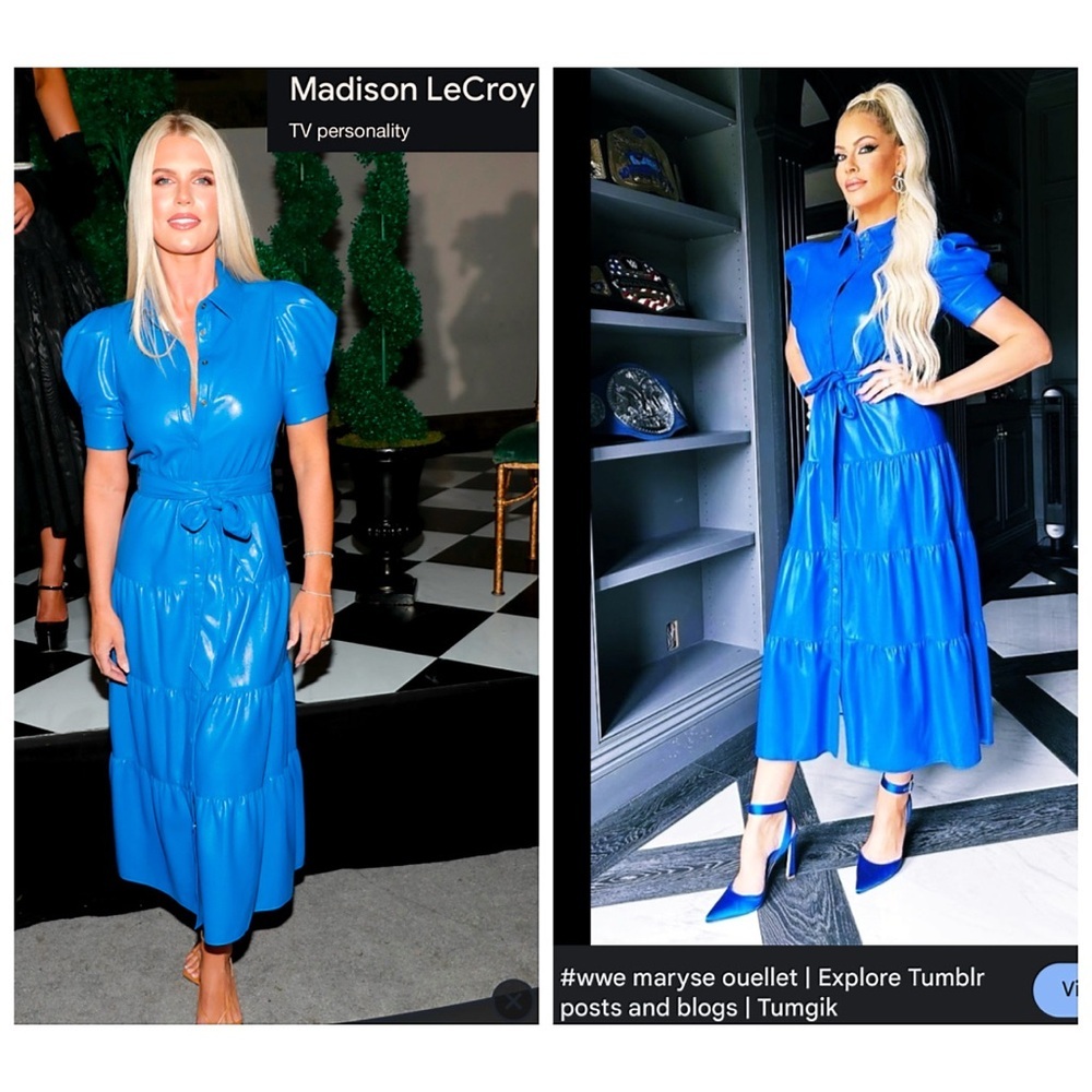 Alice + Olivia Miranda Sapphire Blue Vegan Leather Button Front Tiered Dress - Picture 6 of 16